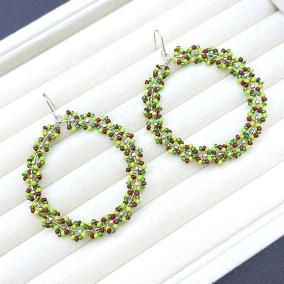 Silver Wire Wrapped Multicolored Beaded Round Wreath Dangling Hook Earrings - Picture 5 of 9